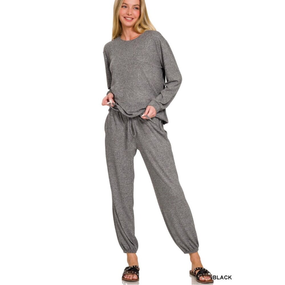 Zenana Soft Melange Hacci Long Sleeve Tee and Joggers Set NEW Black /Small - Picture 2 of 8